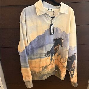 Kith Graphic Mustang Pullover Sweatshirt in Beige, Blue & Brown